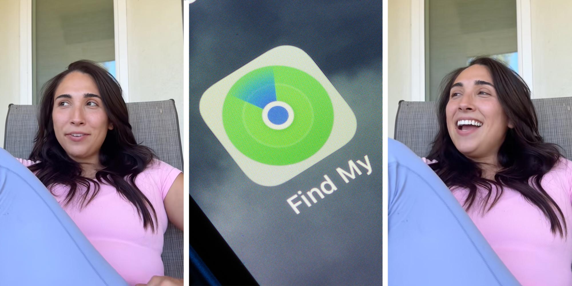 Woman in pink top and purple leggings tells a story with a cheeky smile on her face as she looks to the left. Another panel shows the Find My app icon on an iPhone screen.
