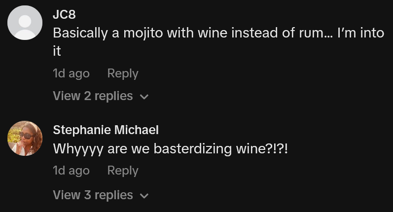 TikTok comments including one reading 'Basically a mojito with wine instead of rum'