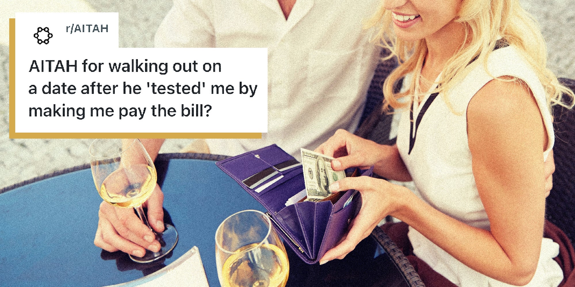 a photo of a couple on a date and the woman pays the bill.