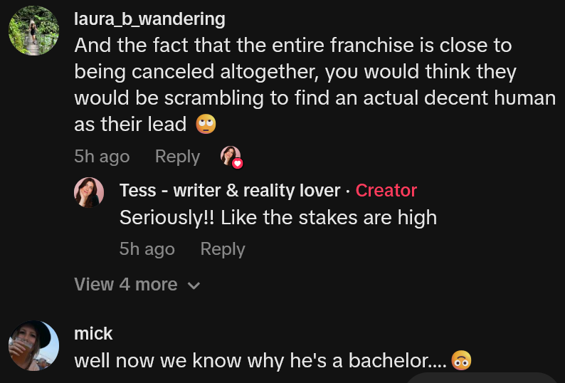 TikTok comments including 'And the fact that the entire franchise is close to being canceled altogether, you would think they would be scrambling to find an actual decent human as their lead'