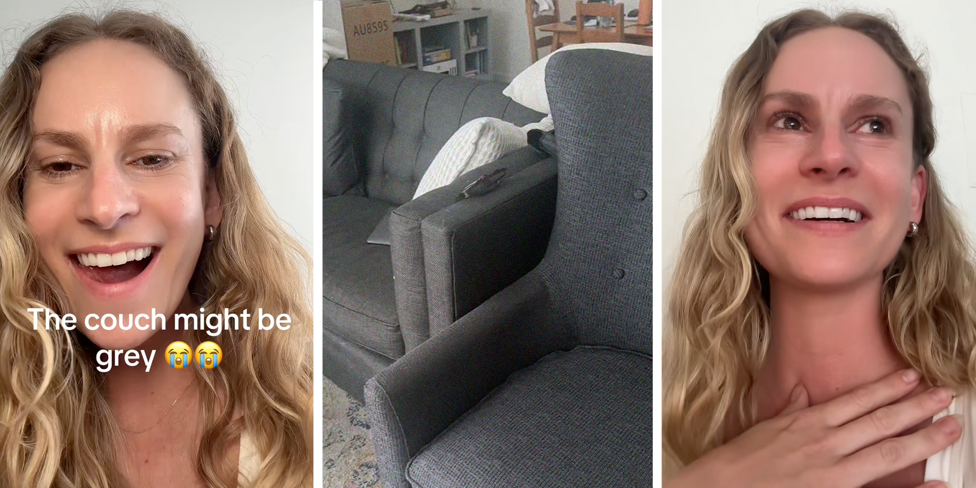 gray couch colorblind woman living room designer