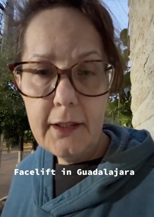 TikTok video of a 50-year-old woman filming herself before a face lift.