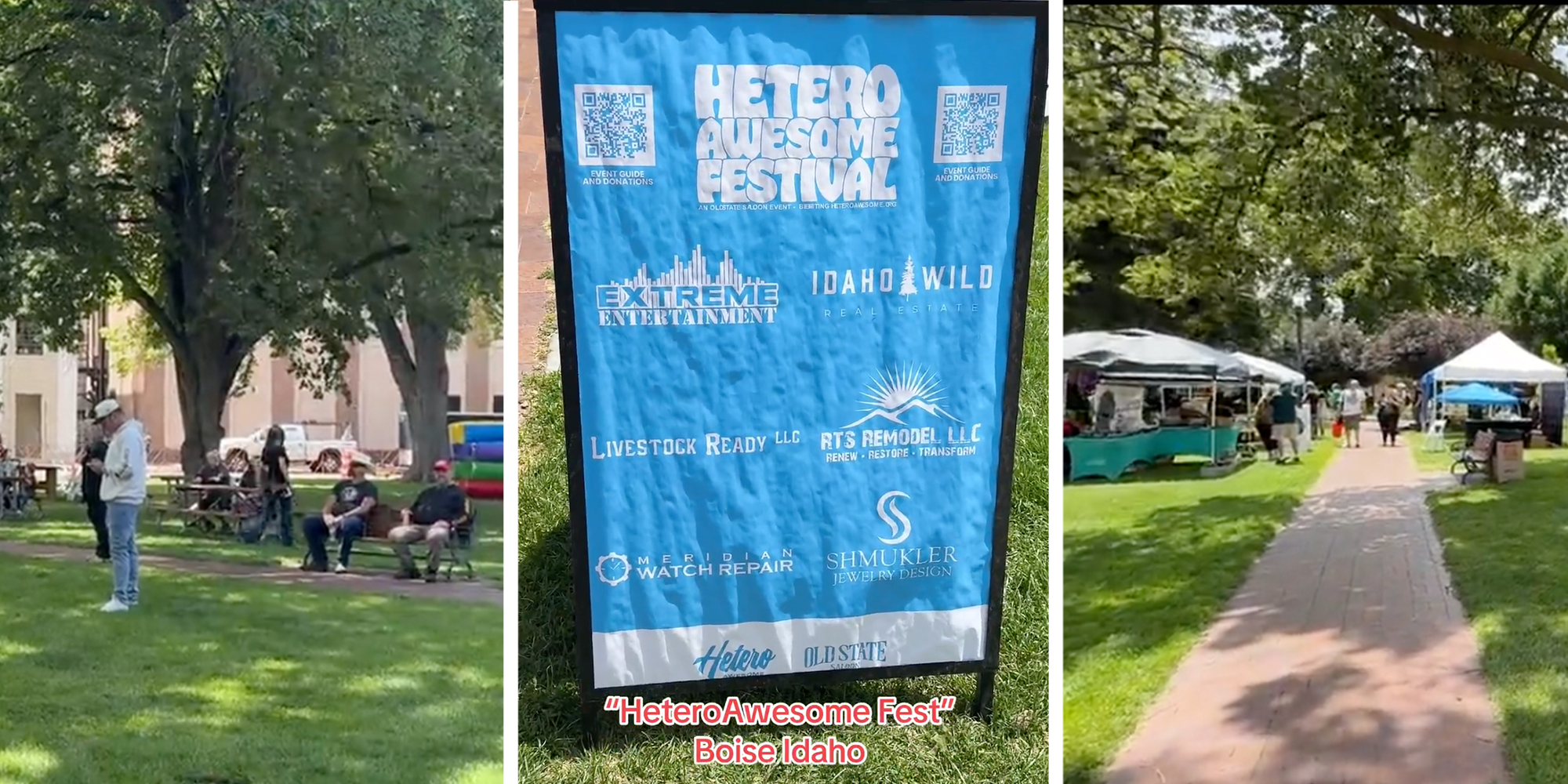 A few people stand around a park with some tents. A blue sign promotes the "Hetero Awesome Festival" in Boise, Idaho, sponsored by several local businesses.