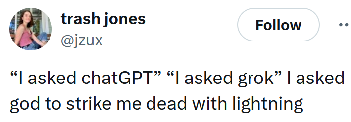 Tweet reading '“I asked chatGPT” “I asked grok” I asked god to strike me dead with lightning'