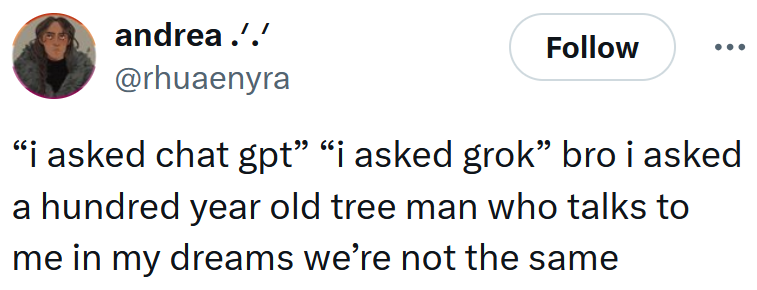 Tweet reading '“i asked chat gpt” “i asked grok” bro i asked a hundred year old tree man who talks to me in my dreams we’re not the same'