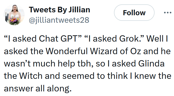 Tweet reading '“I asked Chat GPT” “I asked Grok.” Well I asked the Wonderful Wizard of Oz and he wasn’t much help tbh, so I asked Glinda the Witch and seemed to think I knew the answer all along.'