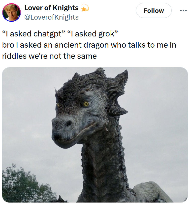 Tweet reading '“I asked chatgpt” “I asked grok” bro I asked an ancient dragon who talks to me in riddles we're not the same'