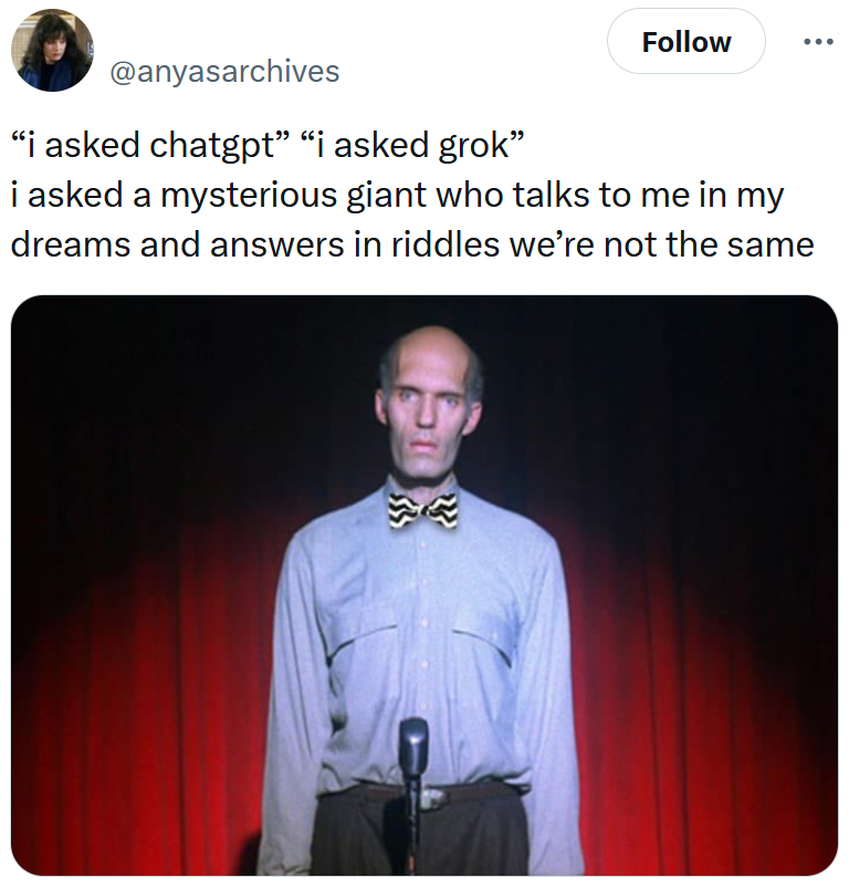 Tweet reading '“i asked chatgpt” “i asked grok” i asked a mysterious giant who talks to me in my dreams and answers in riddles we’re not the same'