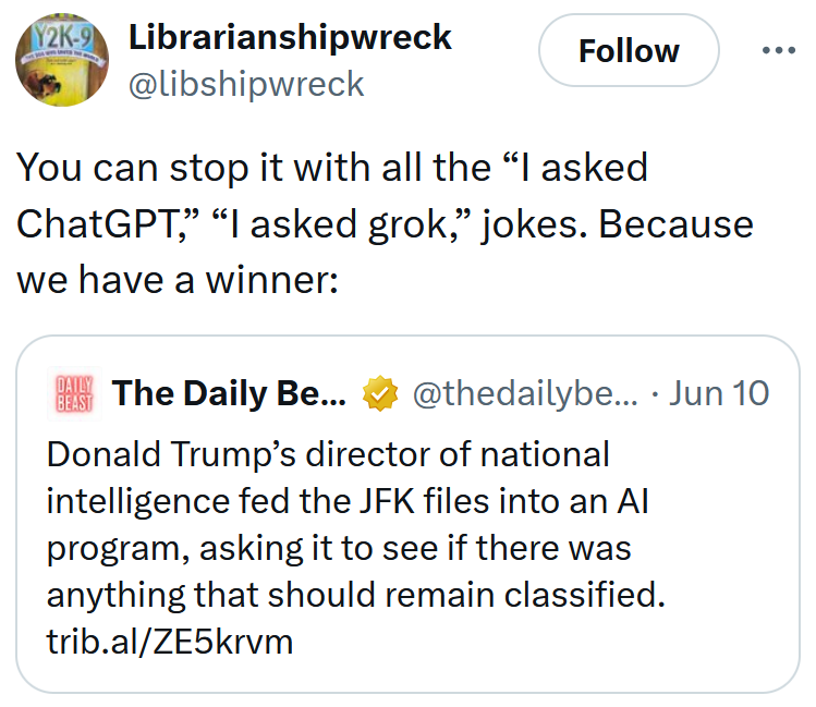 Tweet reading 'You can stop it with all the “I asked ChatGPT,” “I asked grok,” jokes. Because we have a winner:'