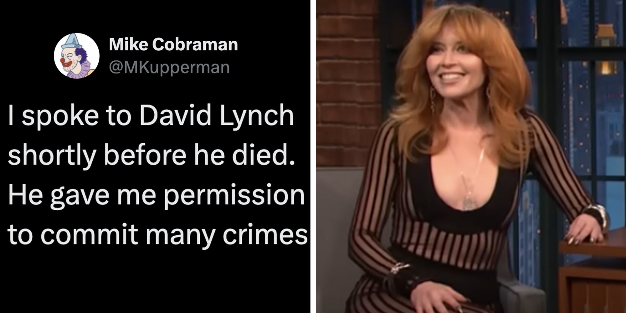 Tweet reading: I spoke to David Lynch shortly before he died. He gave me permission to commit many crimes next to photo of Natasha Lyonne on Late Night With Seth Meyers