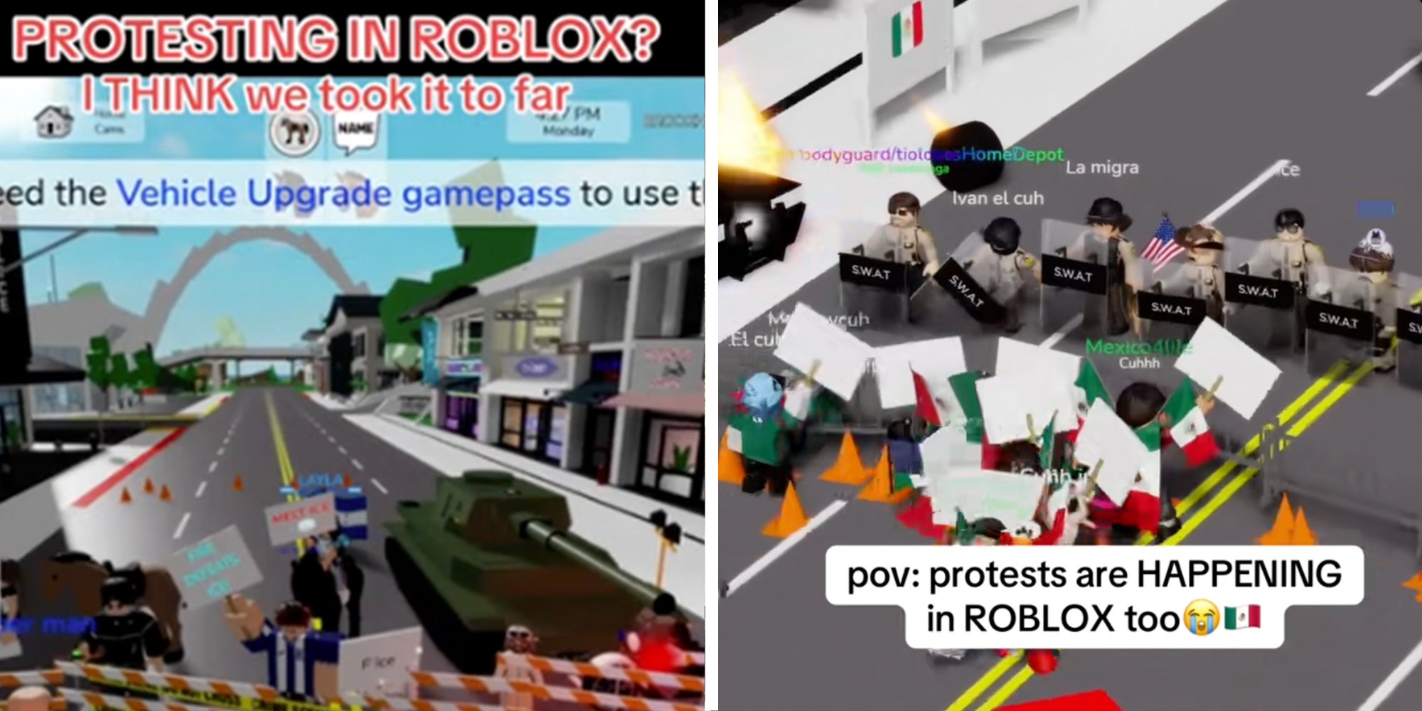 Left: Roblox game showing a protest against ICE under caption reading: 'Protesting in Roblox? I think we took it to far' Right: Roblox characters holding Mexican flags clashing with Swat teams during an ICE protest below a caption reading, 'pov: protests are happening in Roblox too'
