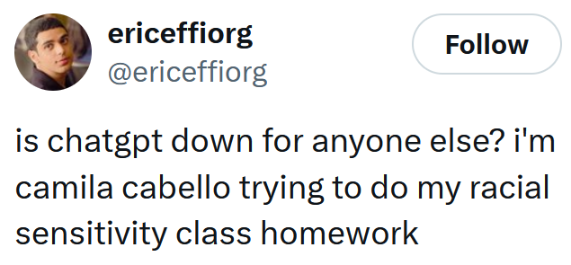 Tweet reading 'is chatgpt down for anyone else? i'm camila cabello trying to do my racial sensitivity class homework'