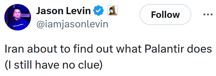 Tweet reading 'Iran about to find out what Palantir does (I still have no clue)'