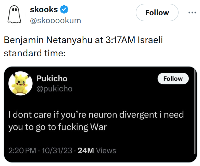 Israel attacking Iran meme with the tweet saying 'I don't care if you're neuron divergent i need you to go to fucking War.'