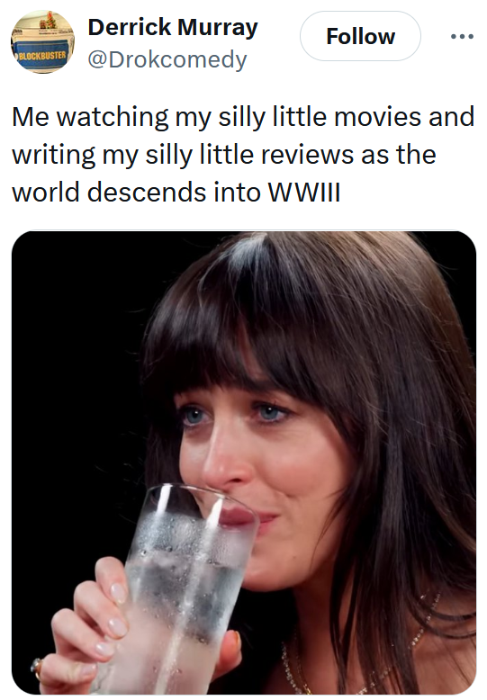 Israel attacking Iran meme with a photo of a worried woman drinking water.