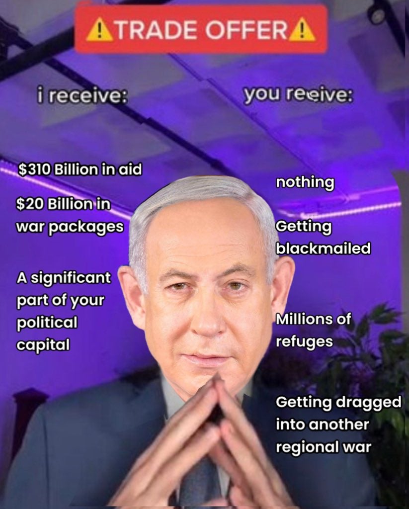 Israel attacking Iran meme in the 'trade offer' format.