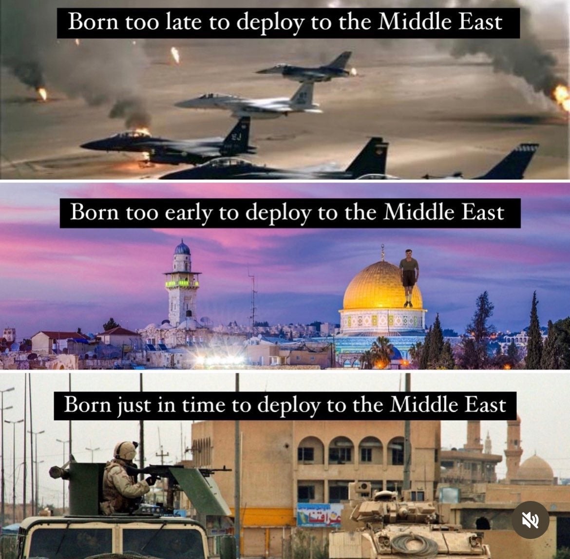Israel attacking Iran meme in the 'born too early, born too late' format.