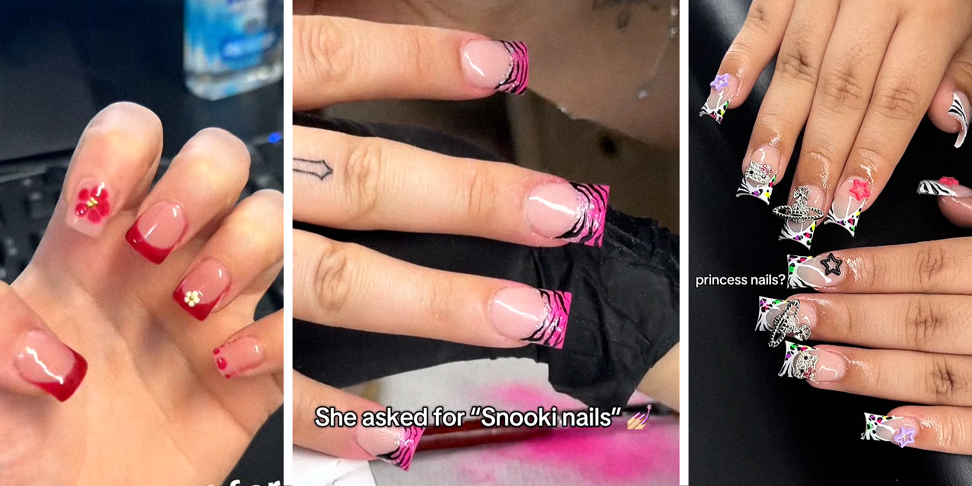 3 panel image. Short square nails with red french tip on left. Pink zebra french tip nails with caption that reads: "She asked for 'Snookie nails' (nail emoji)" in center. Rainbow zebra print french tip with charms and caption that reads: "princess nails?" on right.