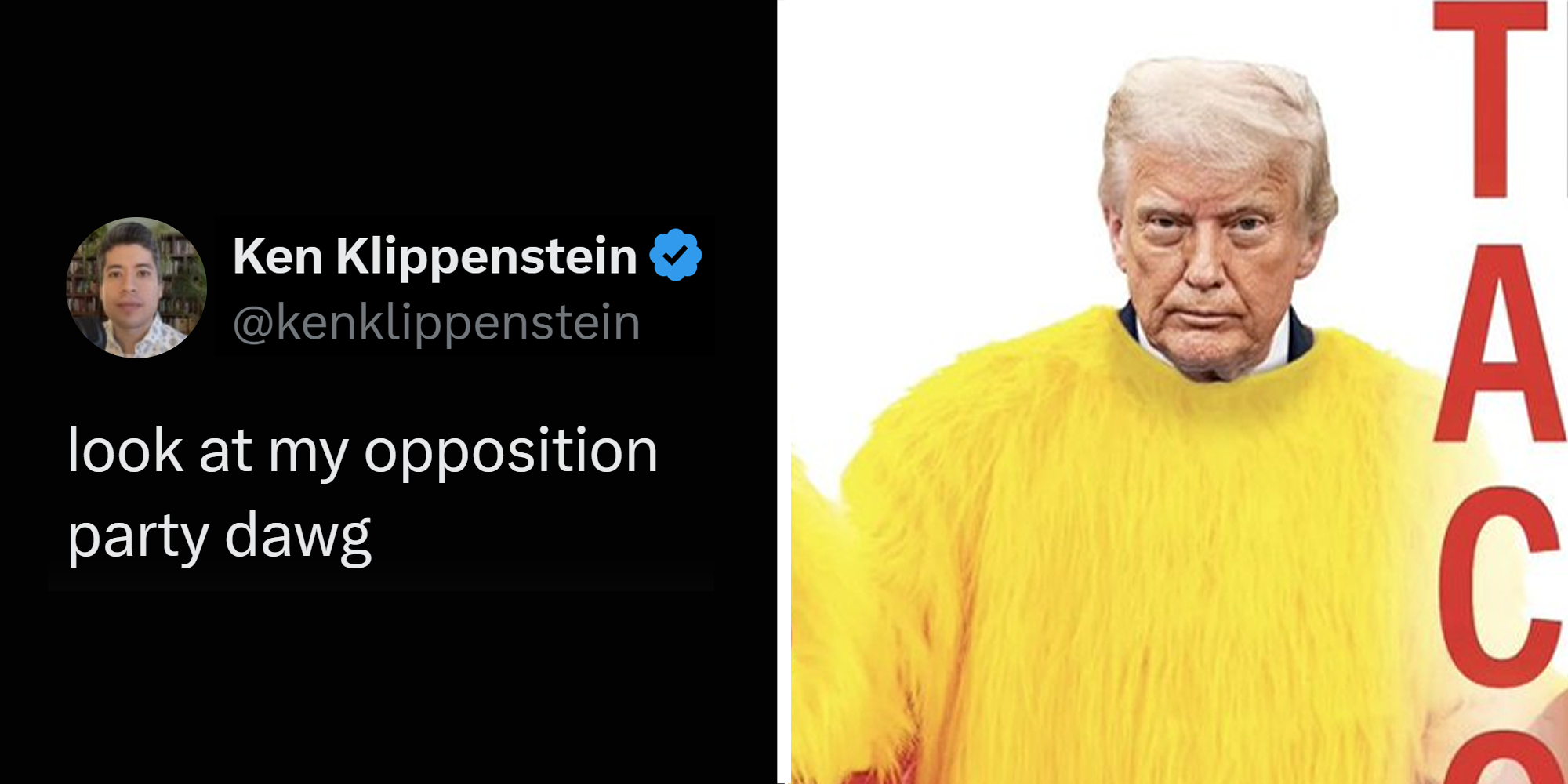 2 panel image. Ken Klippenstein tweet that reads: 'Look at my opposition party dawg' on left. Trump in chicken suit on right.