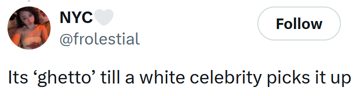 Tweet reading 'Its ‘ghetto’ till a white celebrity picks it up'