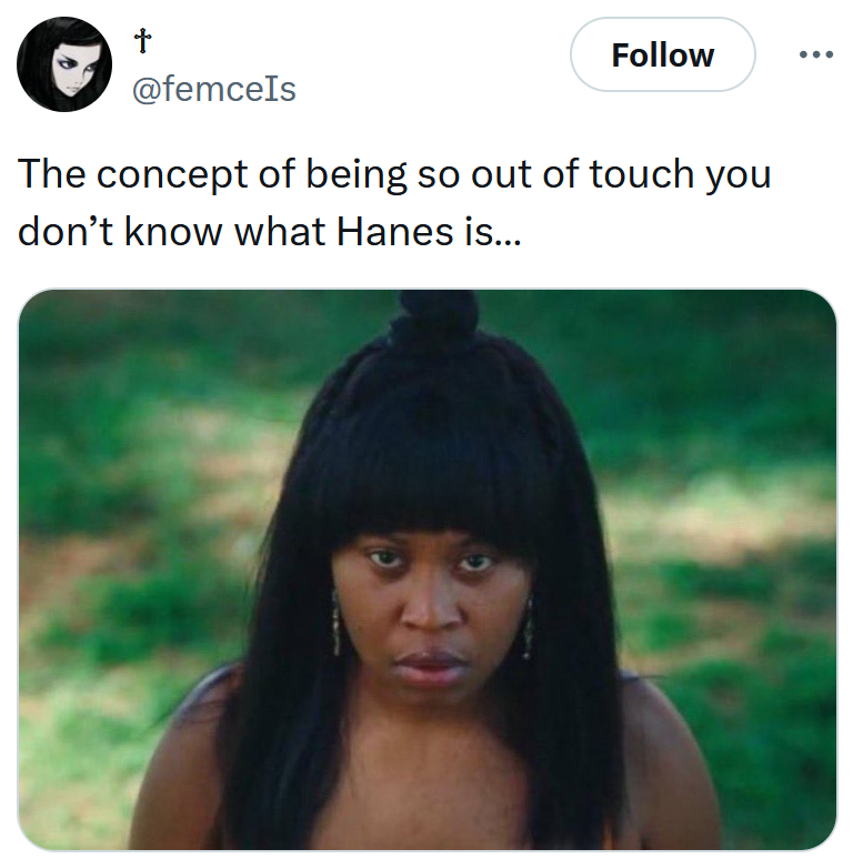 Tweet reading 'The concept of being so out of touch you don’t know what Hanes is…'
