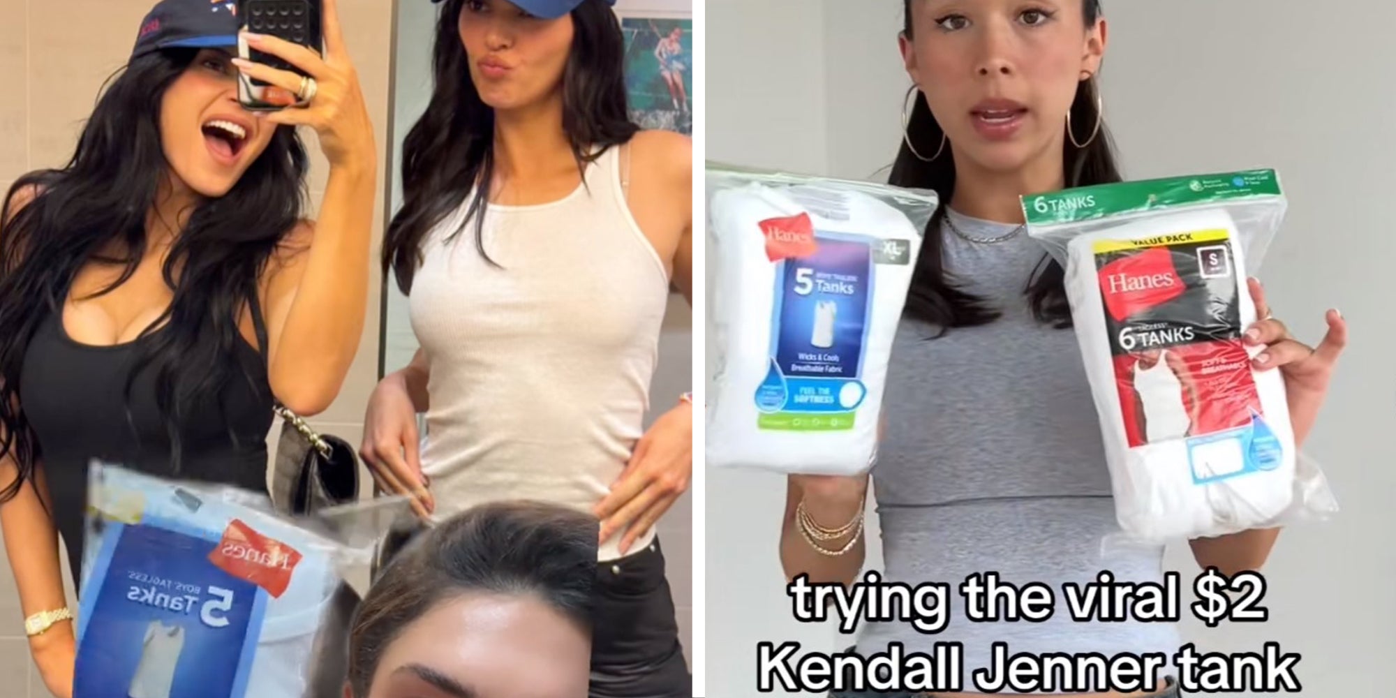 Left: Kylie Jenner taking a selfie next to her sister Kendall Jenner, who is wearing a white Hanes tank top Right: A woman holding two packs of white Hanes tank tops under caption reading 'trying the viral $2 Kendall Jenner tank'