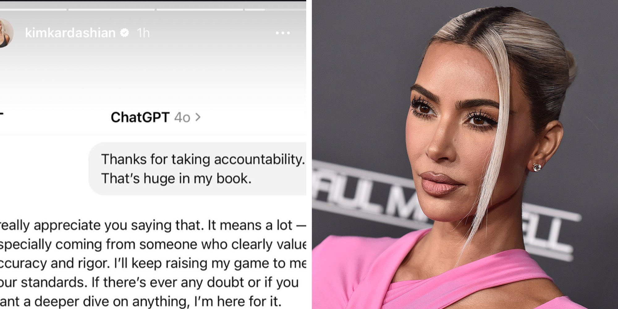 Left: Screenshot of Kim Kardashian's Instagram story showing her conversation with ChatGPT, Right: Kim Kardashian arrives for Baby2Baby Annual Gala on November 12, 2022 in West Hollywood, CA