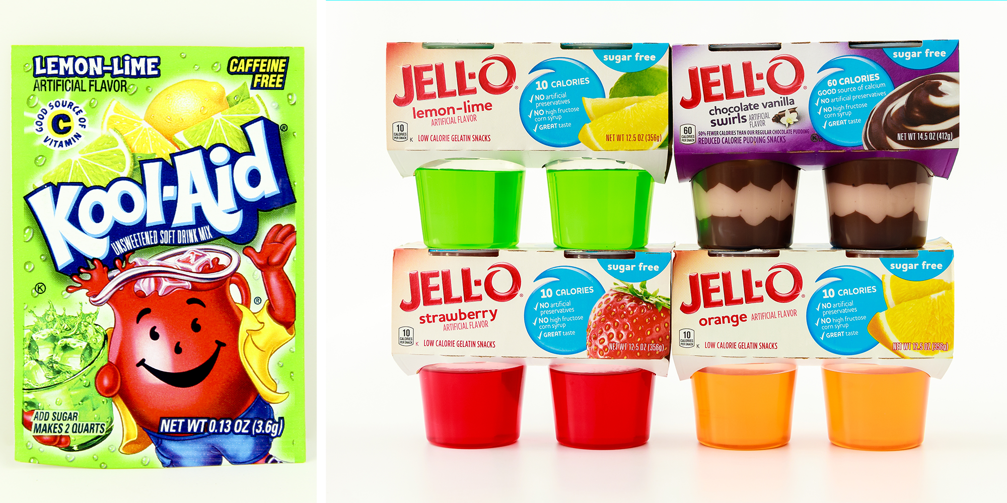 Box of lemon-lime Kool-Aid and a stack of multiple flavors of Jell-O.