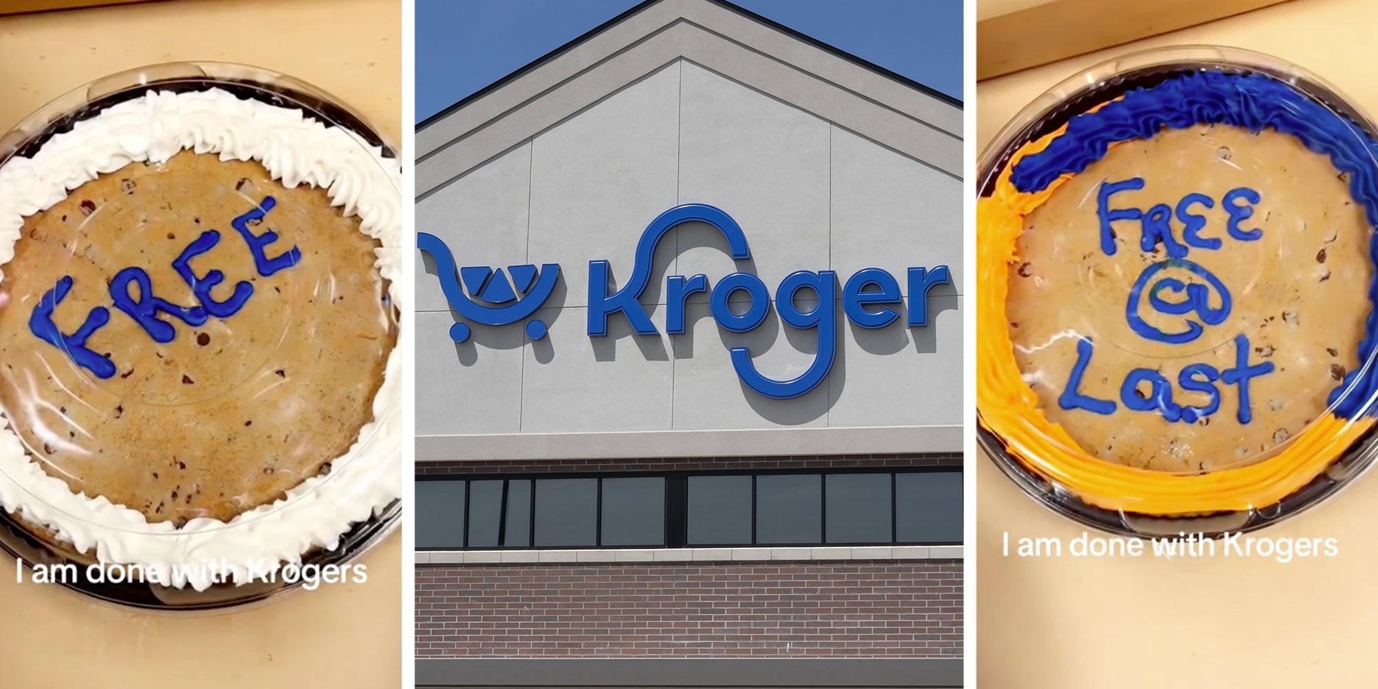 Left: Kroger Juneteenth cake with icing reading 'Free' Middle: Kroger Supermarket front Right: Kroger Juneteenth cake with icing reading 'Free at Last'