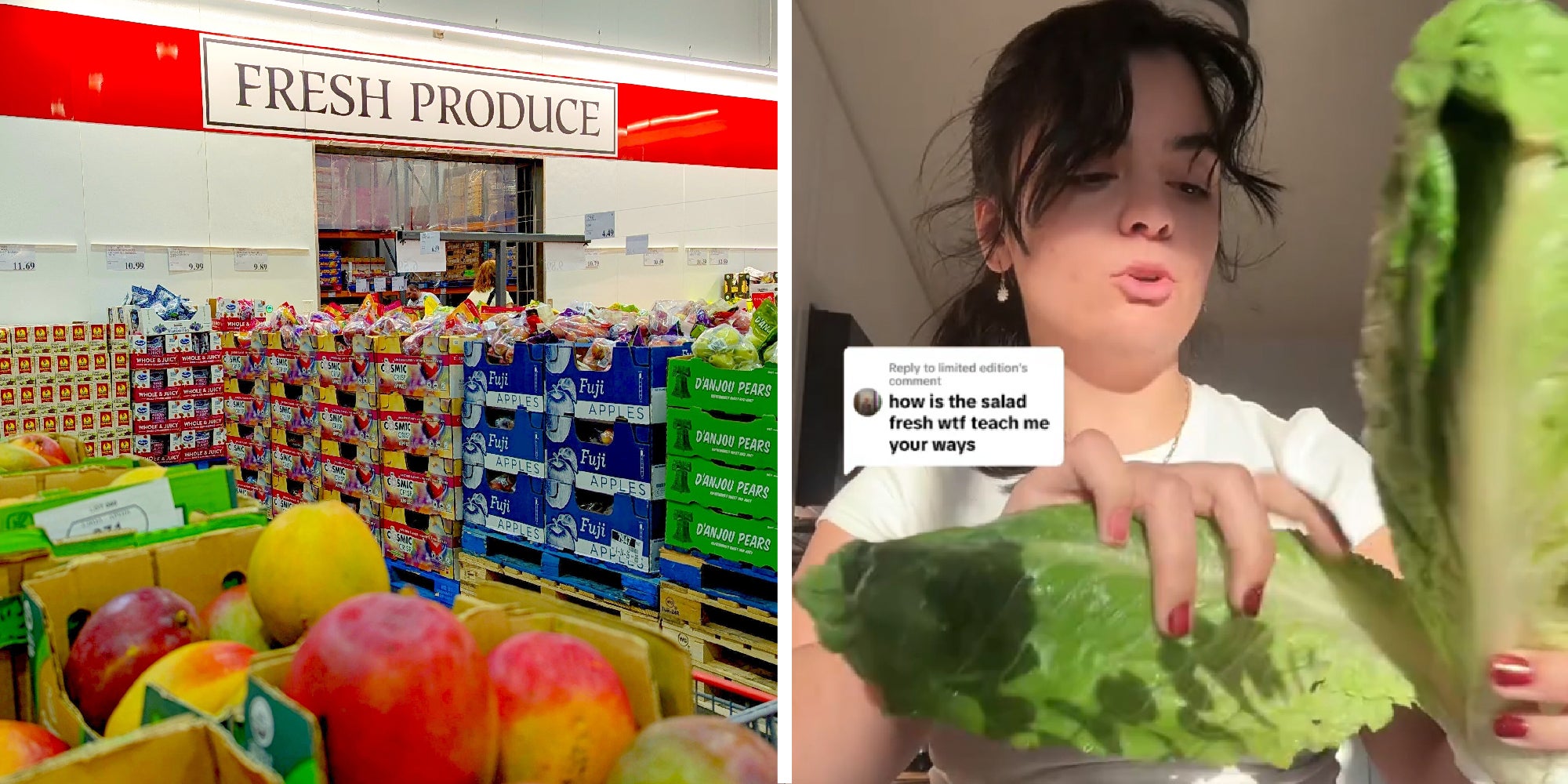 2 panel image of a Costco produce section and a person holding up a romaine lettuce.