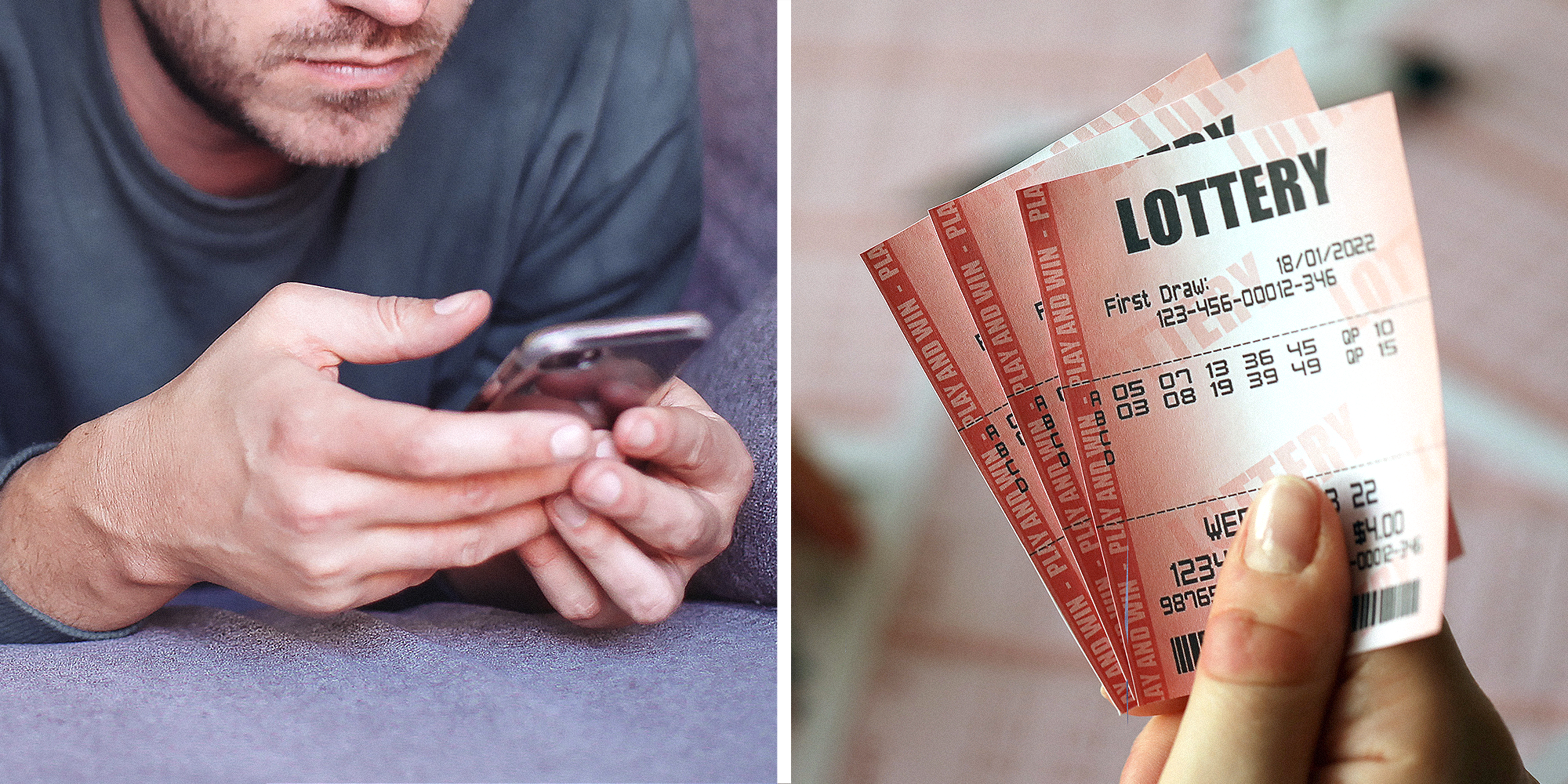 2 panel image. Man waiting while texting on phone on left. Lottery tickets in hand on right.