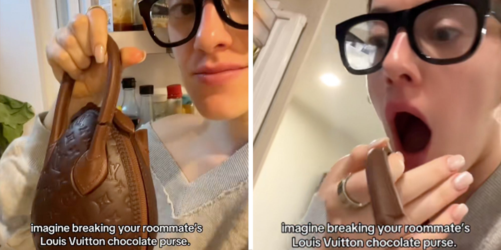Woman holding a Louis Vuitton chocolate purse with a caption reading: 'Imagine breaking your roommates Louis Vuitton chocolate purse'
