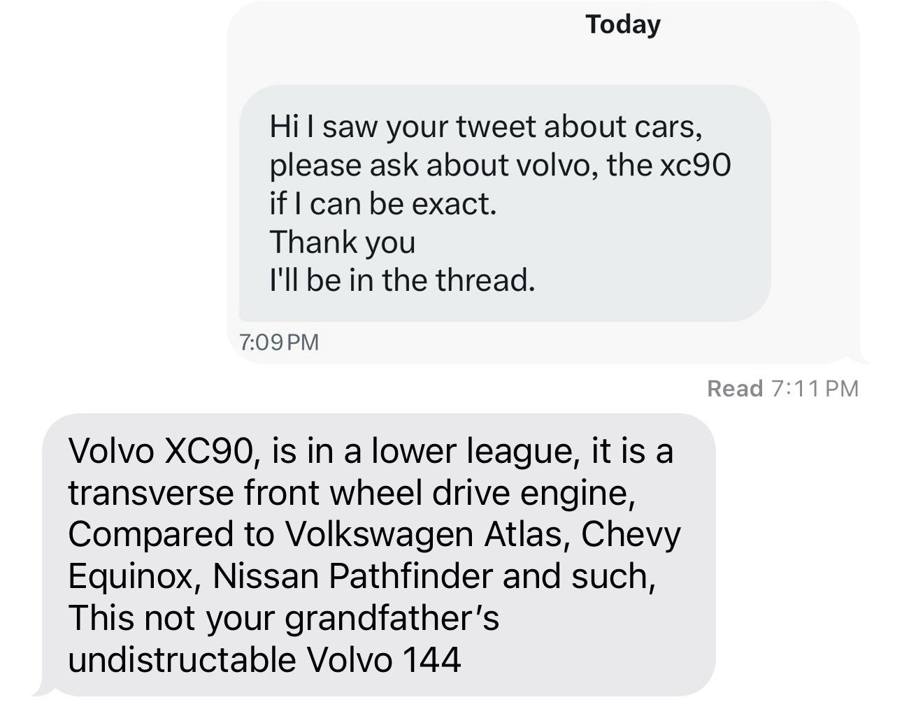 Mechanic dad text messages talking about the Volvo XC90.