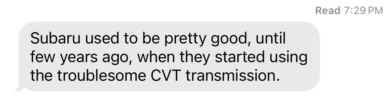 Mechanic dad text messages talking about Subaru and the CVT transmission.