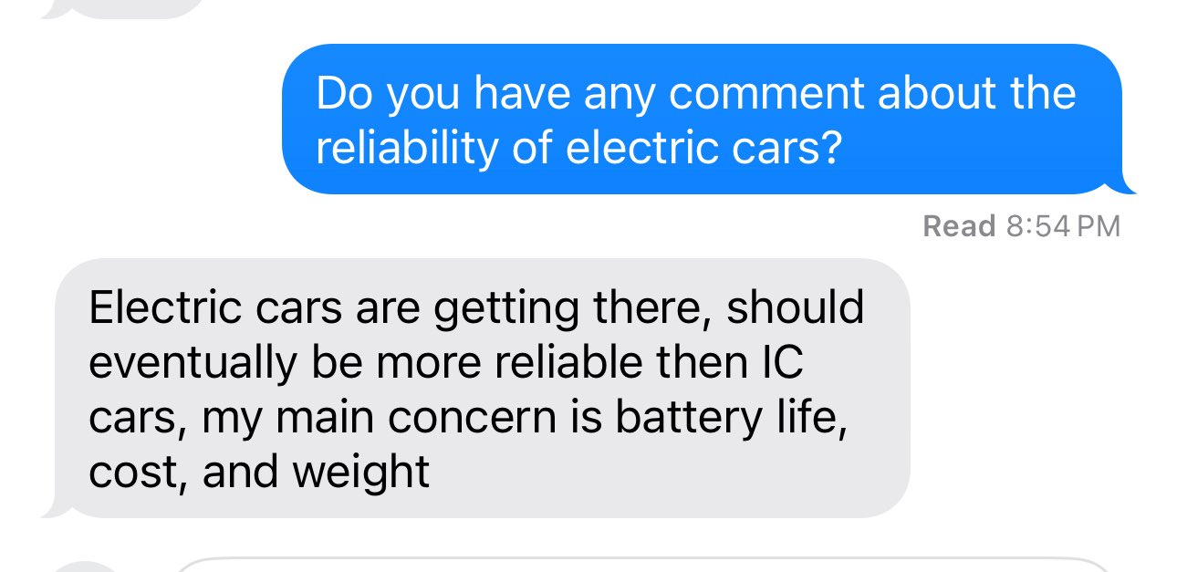 Mechanic dad text messages talking about electric cars.