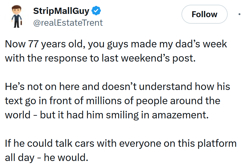 Tweet reading 'Now 77 years old, you guys made my dad’s week with the response to last weekend’s post. He’s not on here and doesn’t understand how his text go in front of millions of people around the world - but it had him smiling in amazement. If he could talk cars with everyone on this platform all day - he would.'