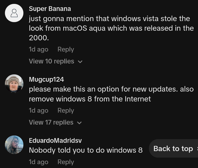 TikTok comments including one reading 'just gonna mention that windows vista stole the look from macOS aqua which was released in the 2000.'
