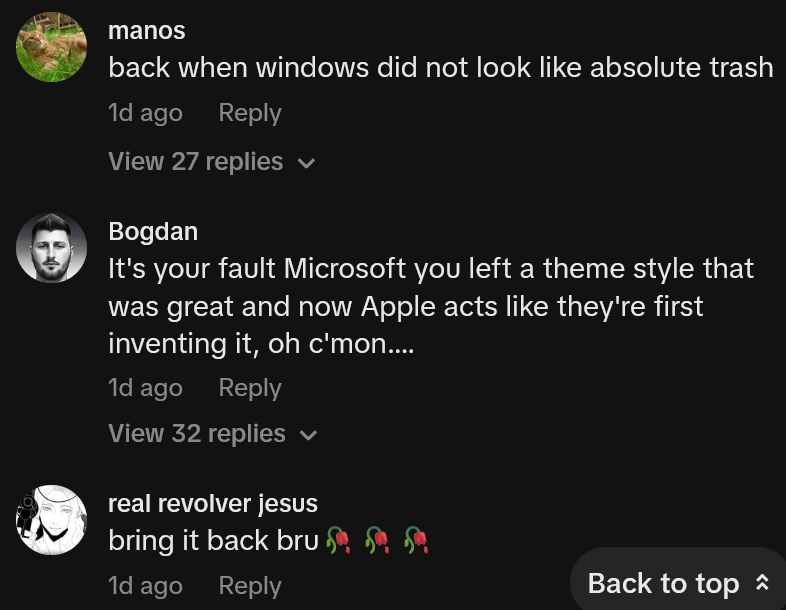 TikTok comments including one reading 'It's your fault Microsoft you left a theme style that was great and now Apple acts like they're first inventing it, oh c'mon....'