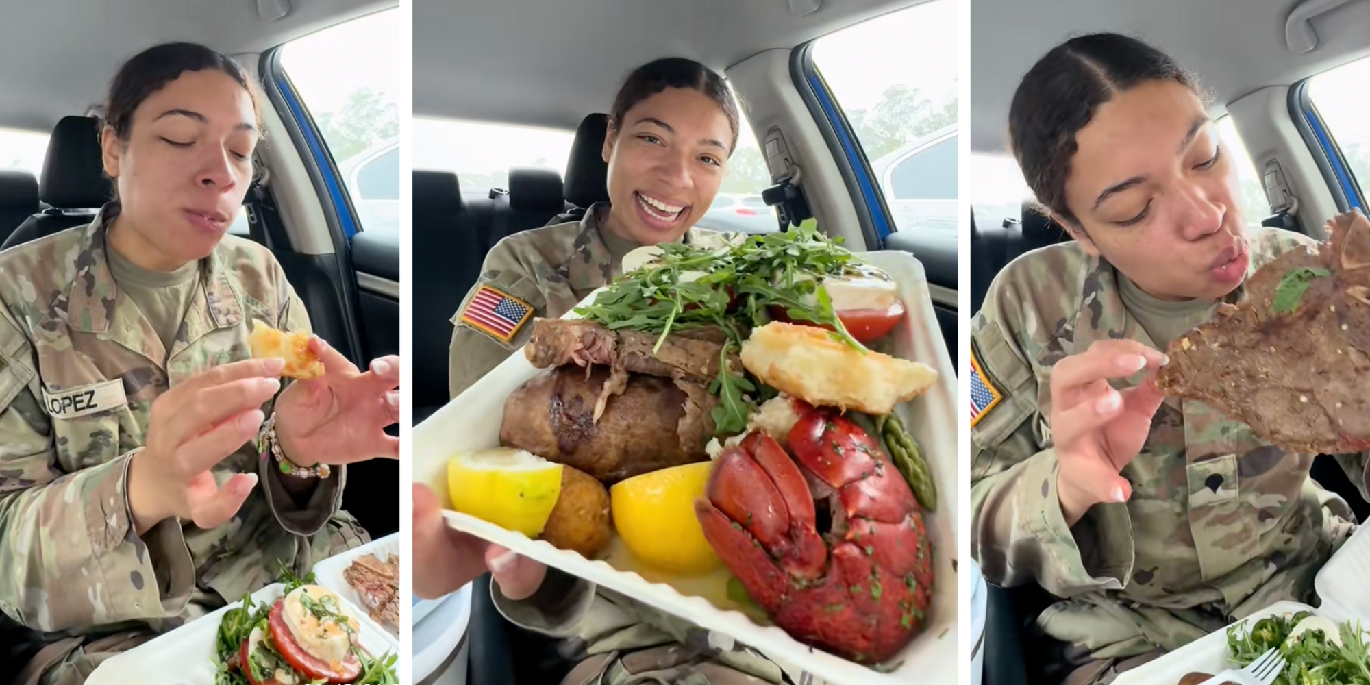 Military officer eats a steak and lobster dinner out of a styrofoam to-go container in her car.