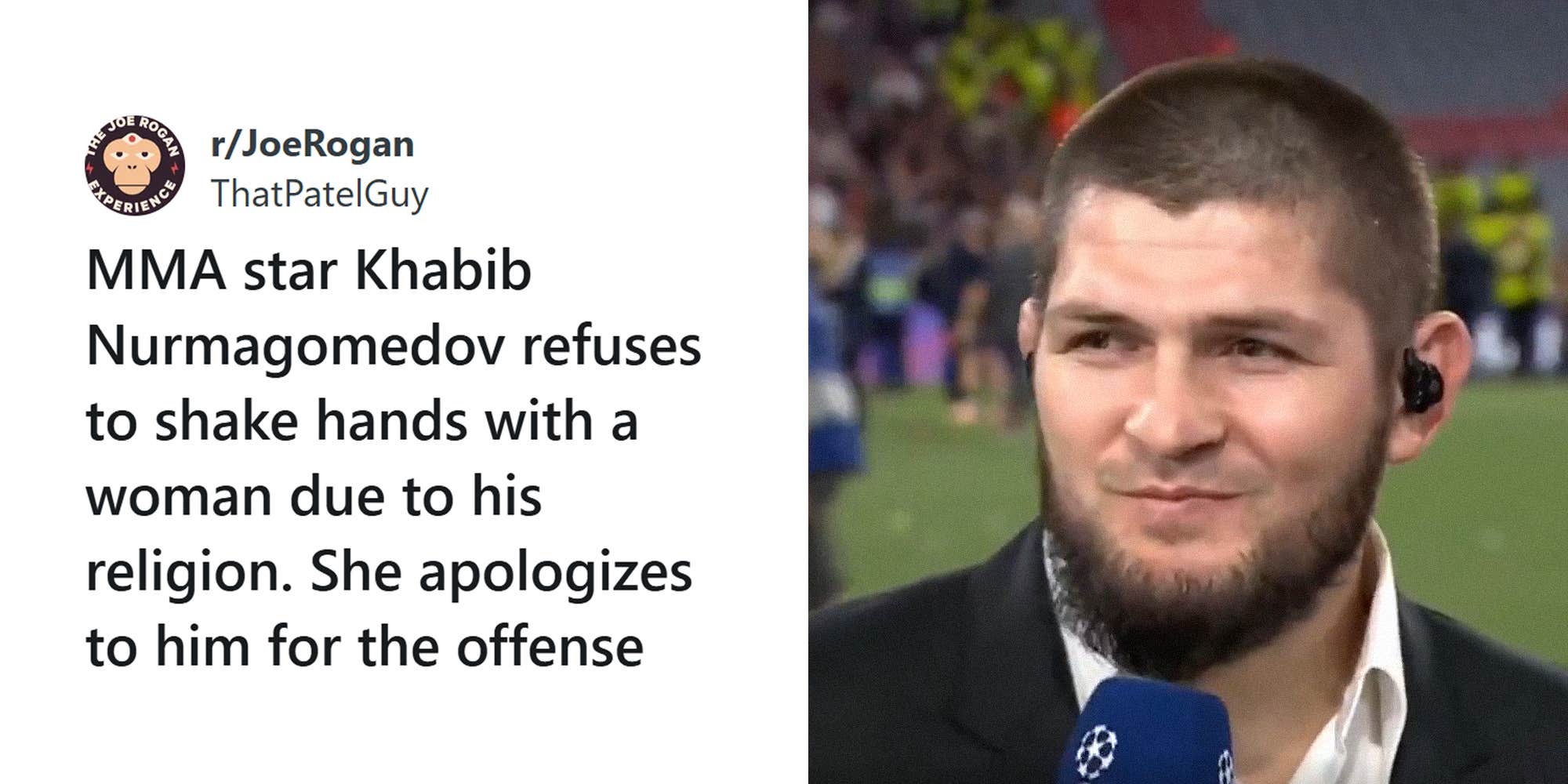 People are debating after video of UFC Fighter Khabib Nurmagomedov refusing to shake female broadcasters hand goes viral