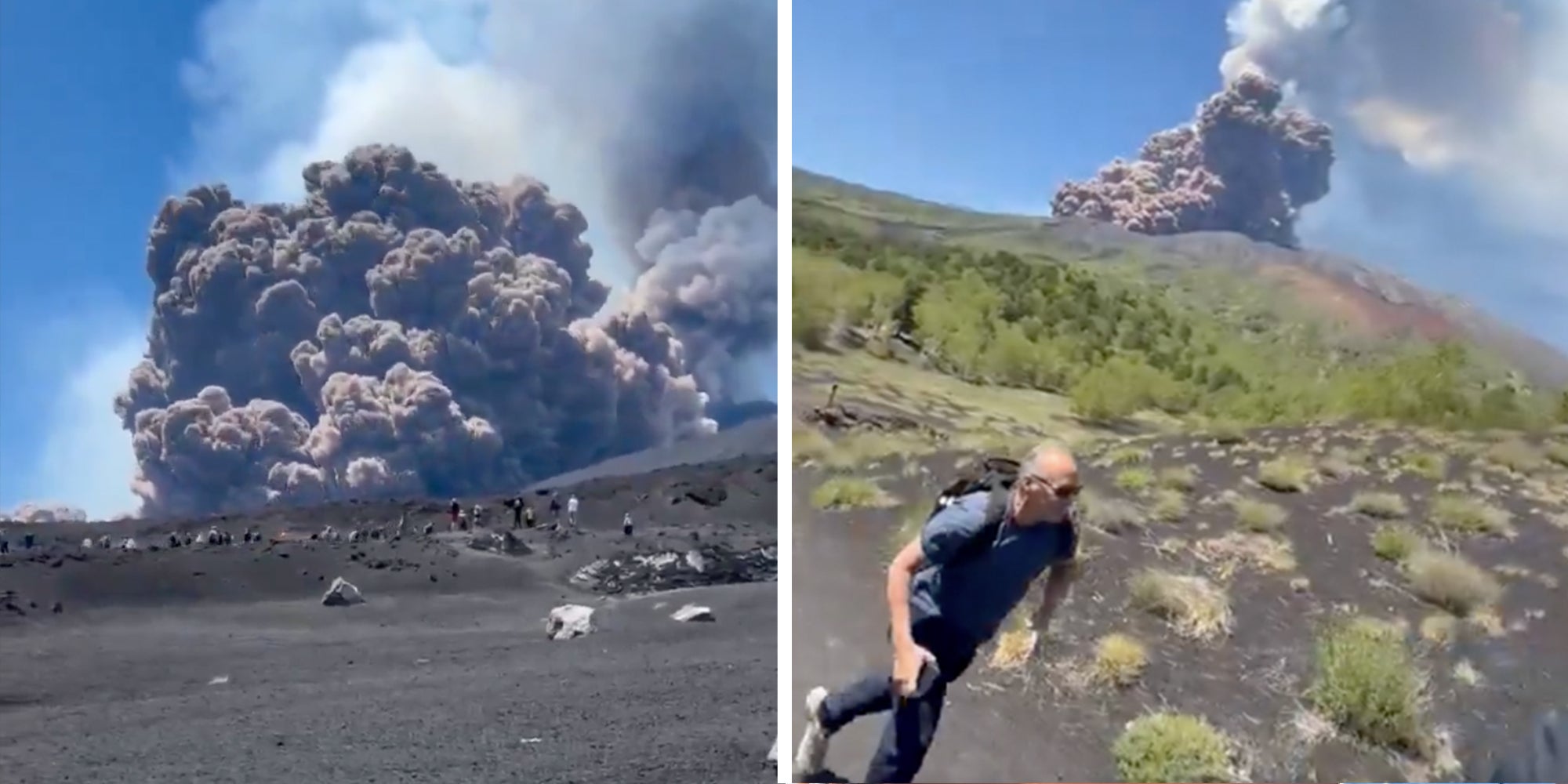 Two Panel: Mount Etna erupts, tourist seen running from eruption