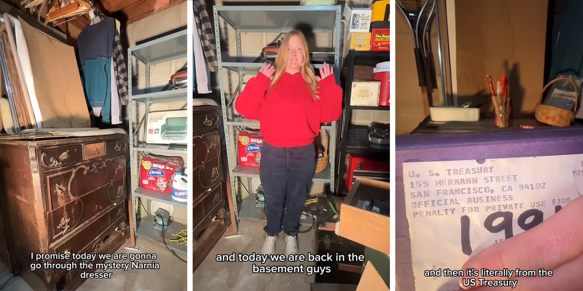Woman films herself from her basement. She shows a brown old dresser reminiscent of the wardrobe from 'Narnia.' She also holds up a purple package from 1991 from the U.S. Treasury.