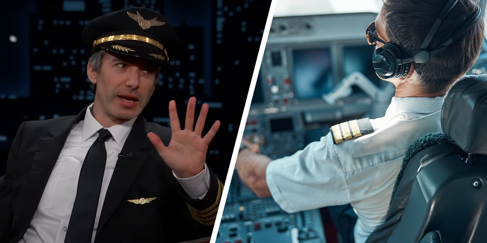 Left; Nathan Fielder in pilot uniform on Jimmy Kimmel Live. He holds up his left hand as if to say, 'Stop' Right; stock photo of a pilot in the cockpit viewed from behind has he presses a button