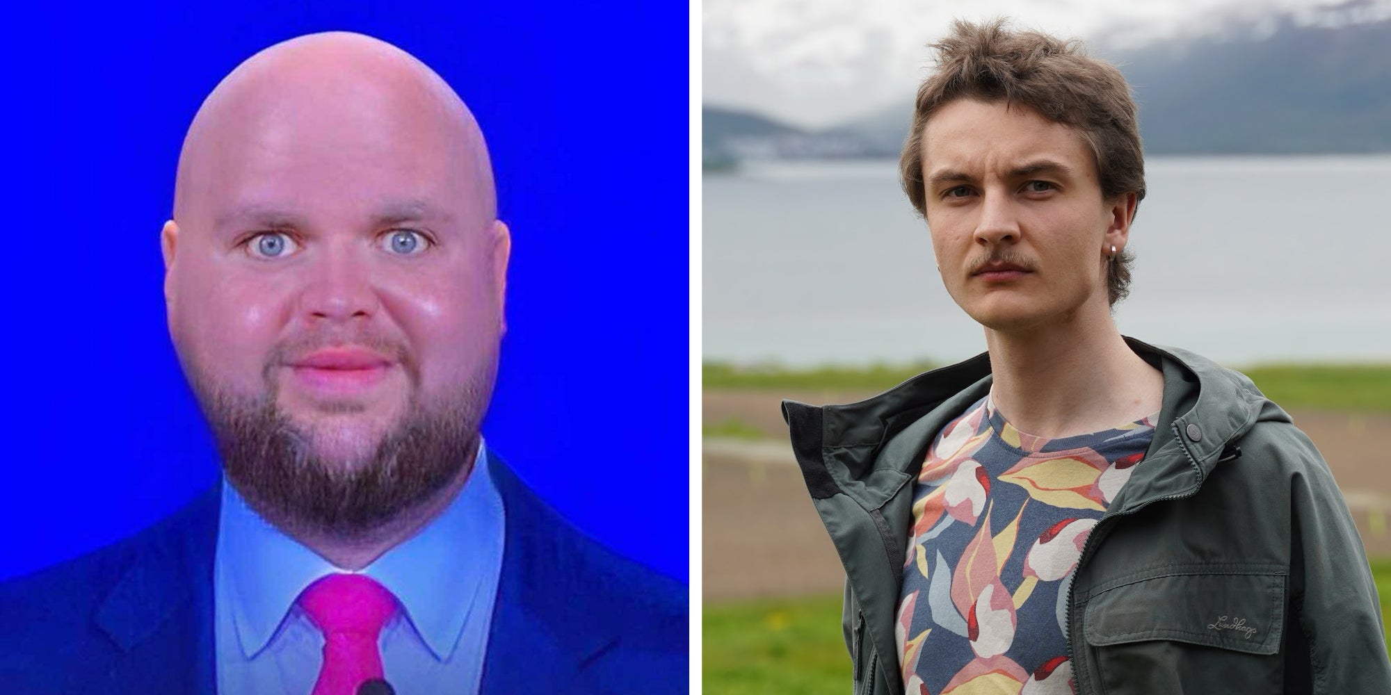 Left: 'Babyface' JD Vance meme showing the Vice President with a shaved head in a blue suit: Right: Norwegian tourist Mads Mikkelsen
