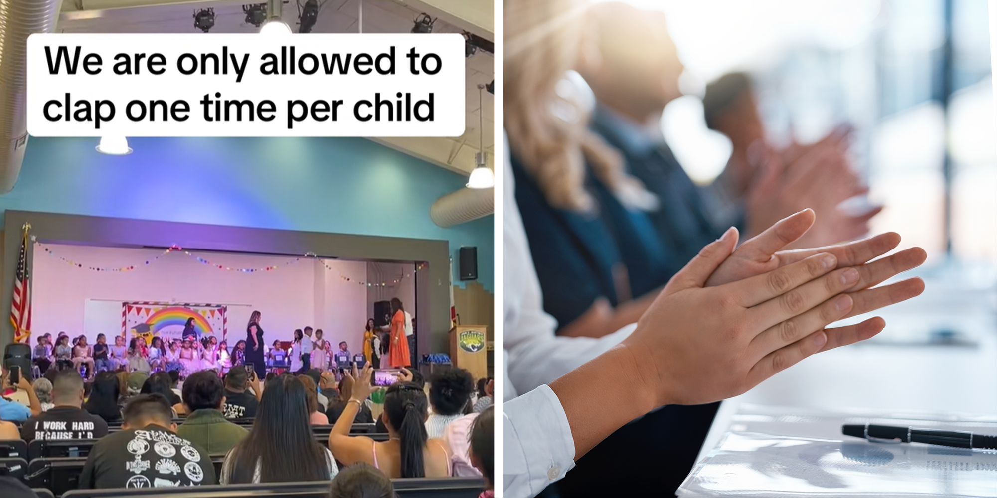 2 panel image. Graduation with caption that reads: "We are only allowed to clap one time per child" on left. Hands clapping on right.