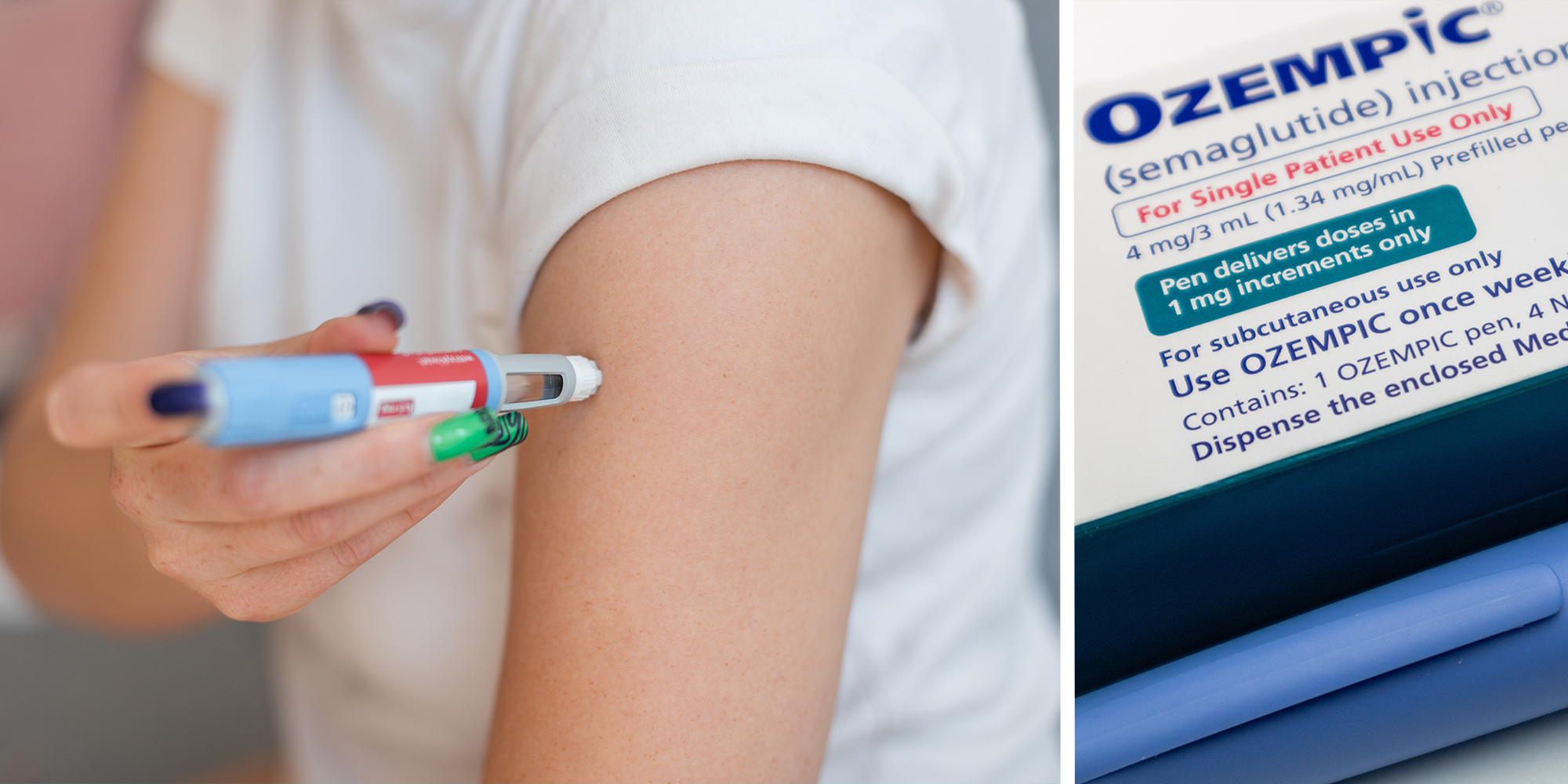 Woman injects her arm with Semaglutide shot. Ozempic packaging