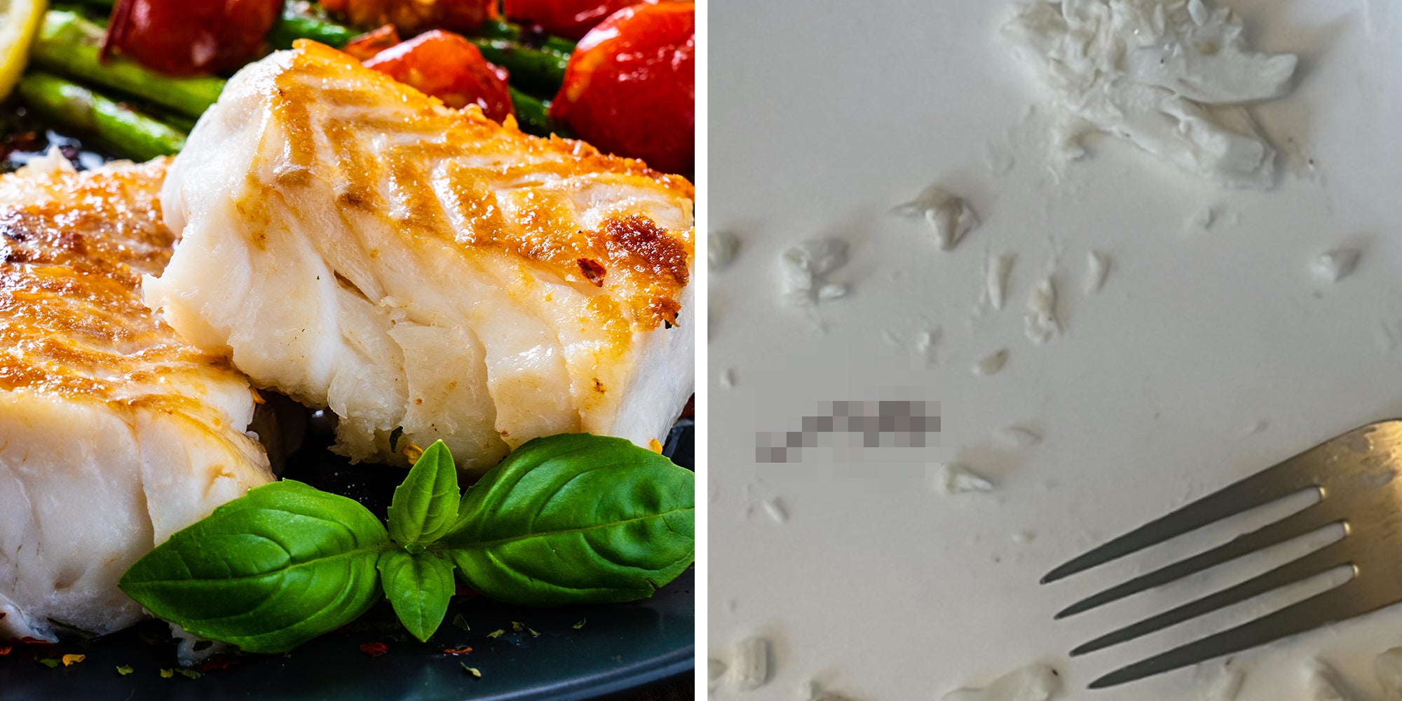 Left: Fish dish - fried cod fillet with asparagus on wooden table Right: Worm parasite in fish