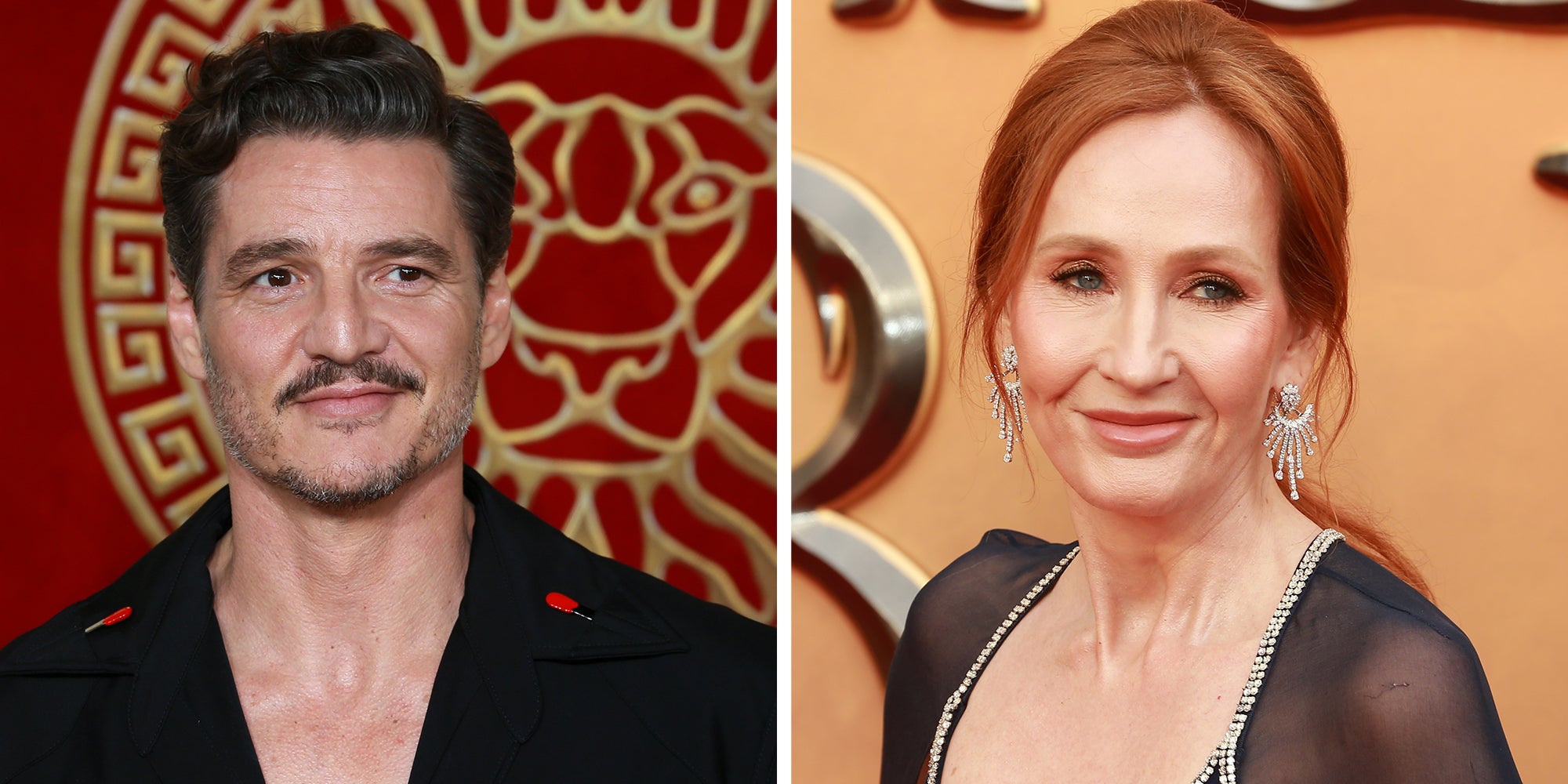 Left: Pedro Pascal attends the 'Gladiator II' Global Premiere at odeon Luxe in London, England. Right: J.K. Rowling attends 'Fantastic Beasts: The Secrets of Dumbledore' World Premiere at The Royal Festival Hall in London, England