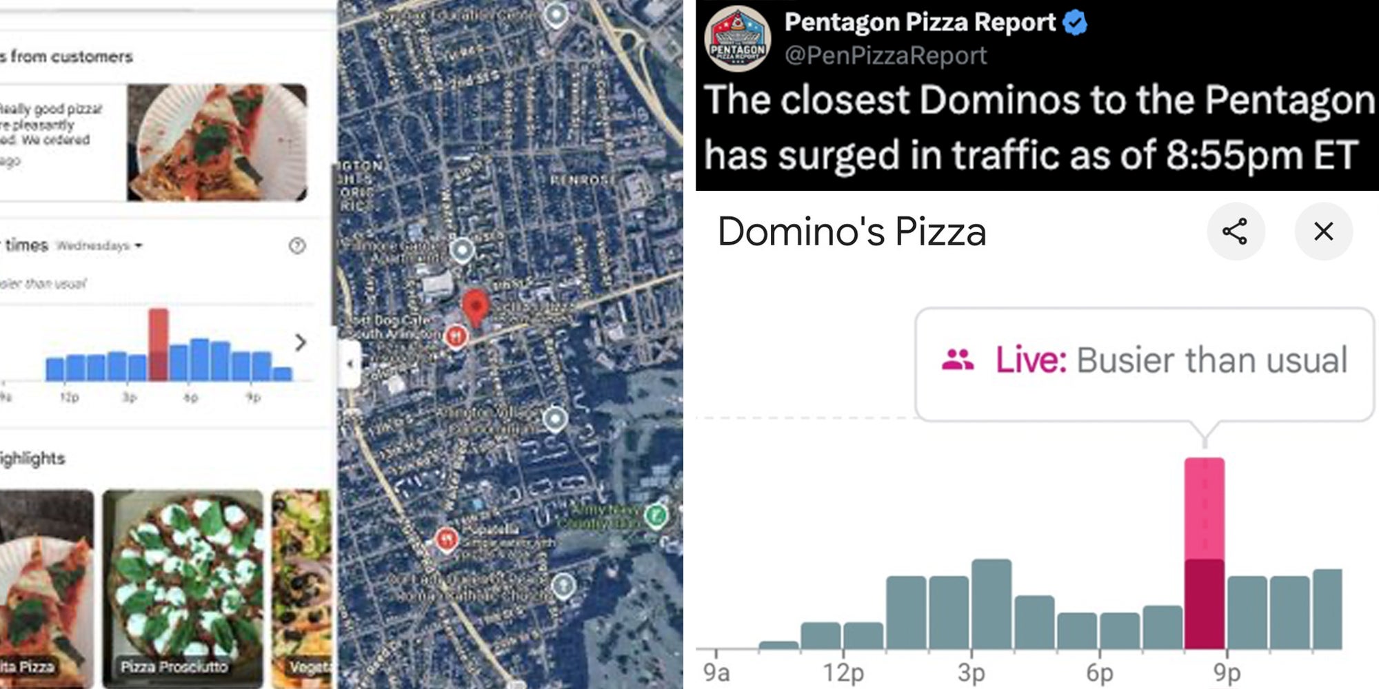 Left: 'Pentagon Pizza index is spiking' showing map of DC near the pentagon Right: The closest Dominos to the Pentagon has surged in traffic as of 8:55pm ET, showing Domino's Pizza surge