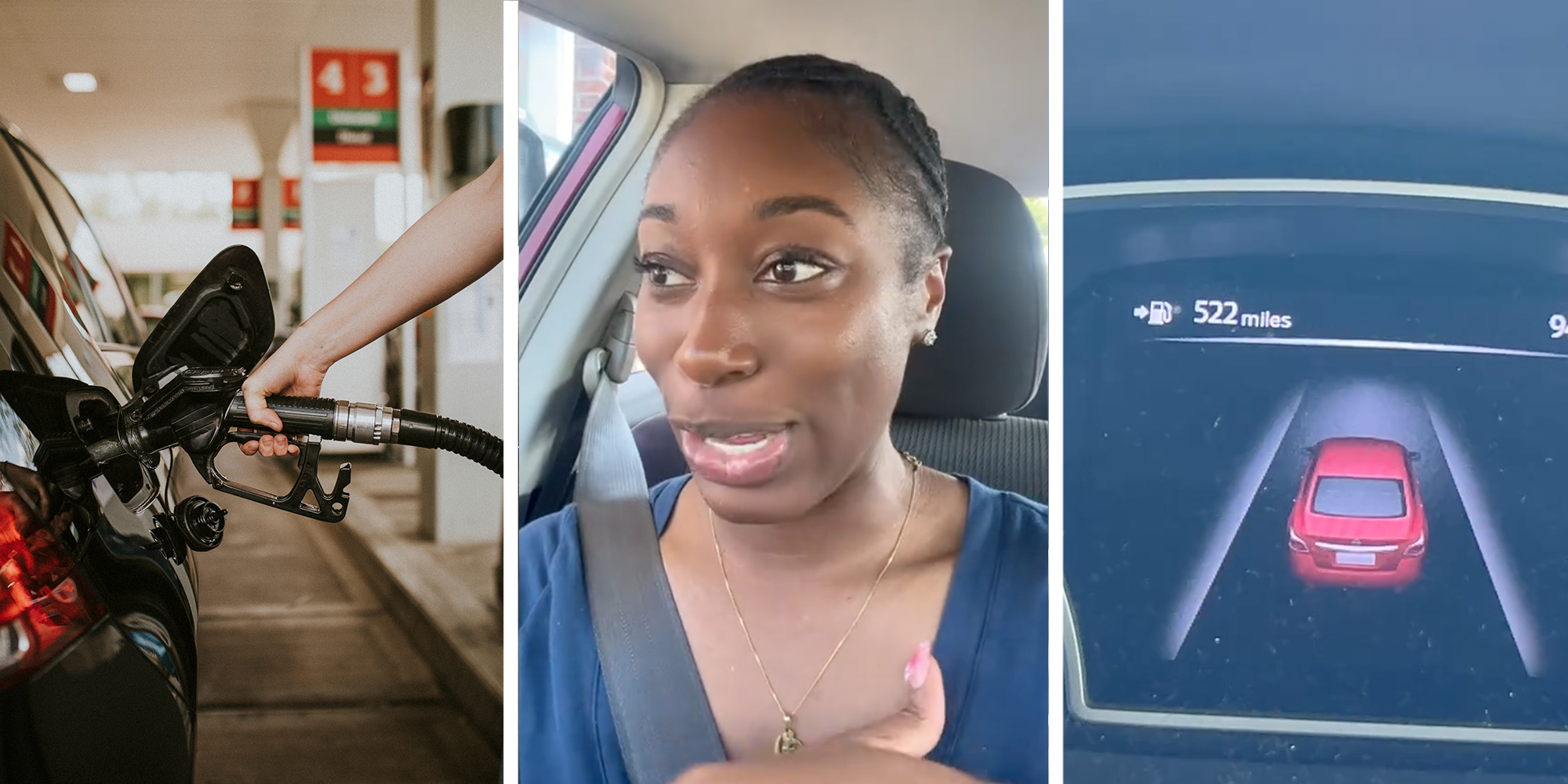 Left; hand pumps gas into their car. Center; woman looks to the left with a subtle smile. Right; Digital odometer shows a red car and reads